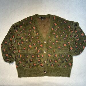 Hyfve Fuzzy Leopard Print Cozy Oversized Green Cardigan Women Small